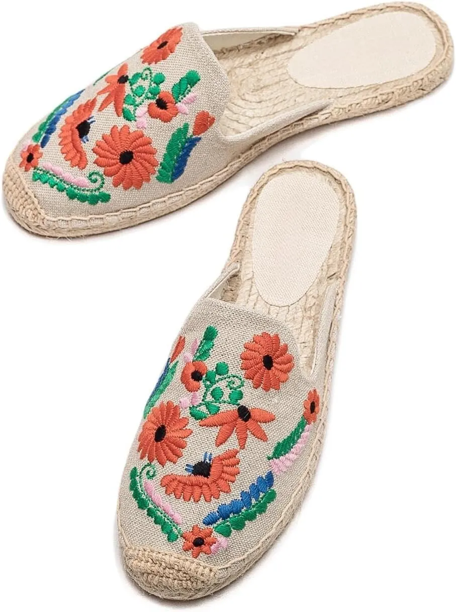 Womens Embroidery Espadrille Mules Flats - Fashion Flats Shoes Comfortable Mule Shoes Breathable Espadrilles Anti-Slip Slipper