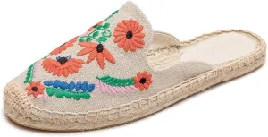 Womens Embroidery Espadrille Mules Flats - Fashion Flats Shoes Comfortable Mule Shoes Breathable Espadrilles Anti-Slip Slipper