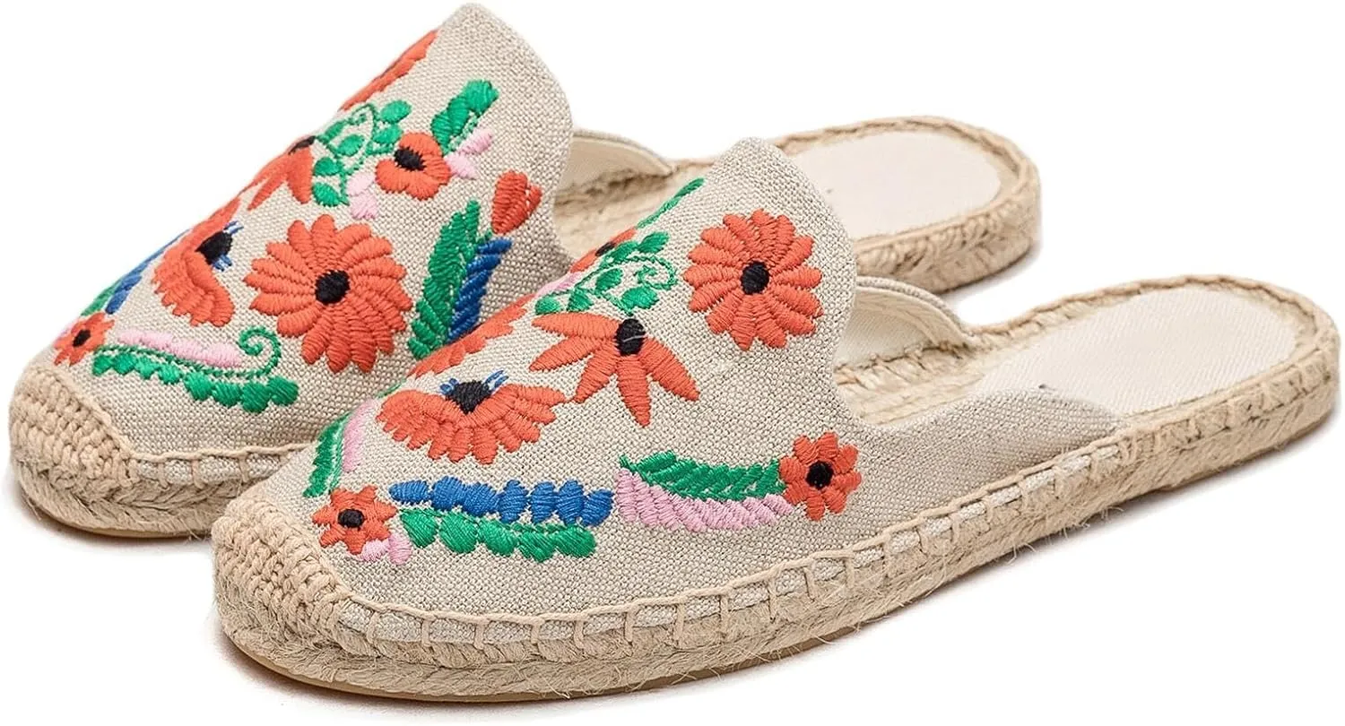 Womens Embroidery Espadrille Mules Flats - Fashion Flats Shoes Comfortable Mule Shoes Breathable Espadrilles Anti-Slip Slipper