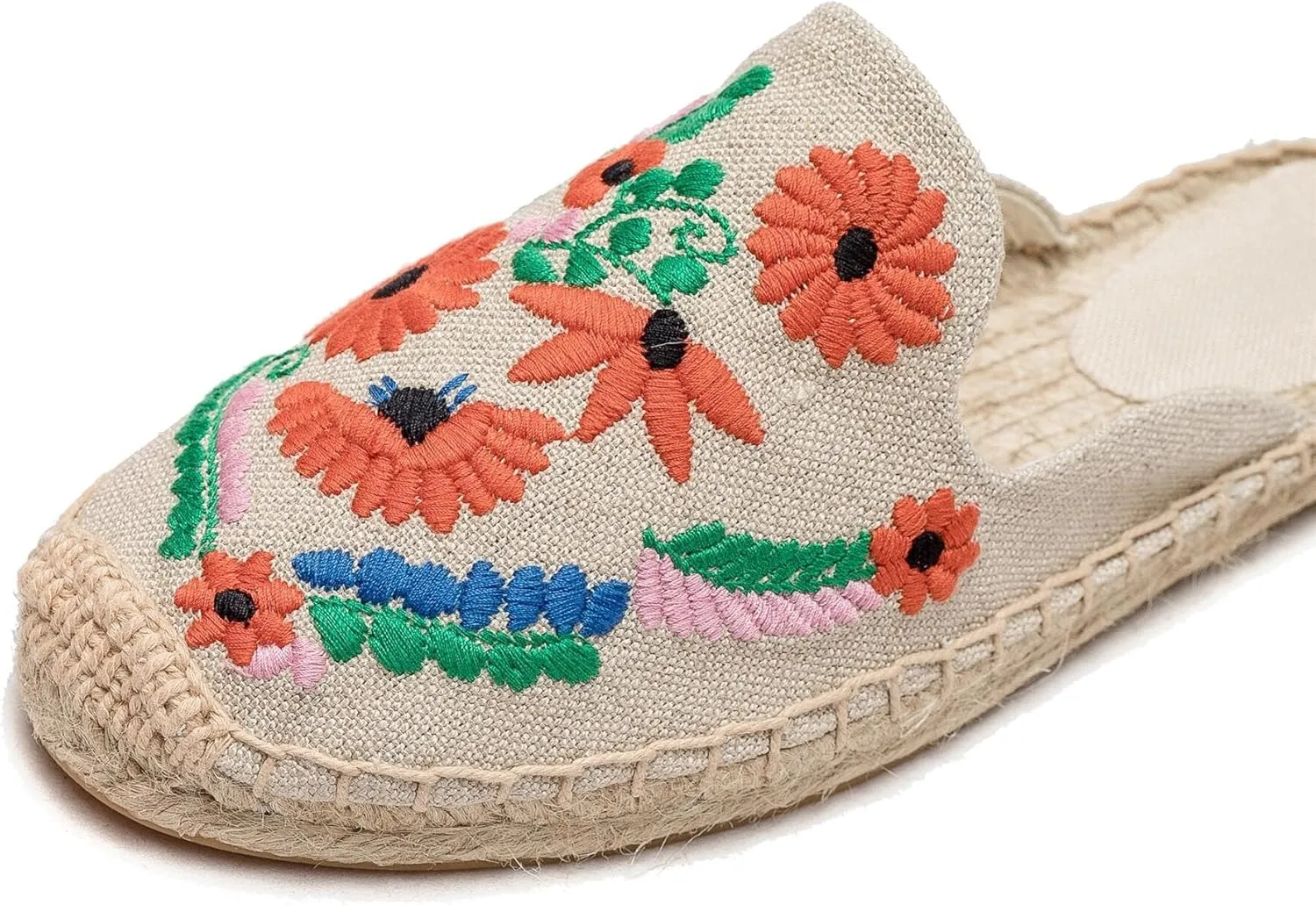 Womens Embroidery Espadrille Mules Flats - Fashion Flats Shoes Comfortable Mule Shoes Breathable Espadrilles Anti-Slip Slipper