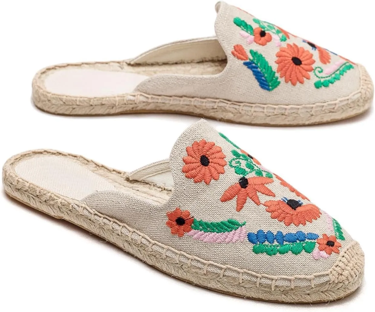 Womens Embroidery Espadrille Mules Flats - Fashion Flats Shoes Comfortable Mule Shoes Breathable Espadrilles Anti-Slip Slipper