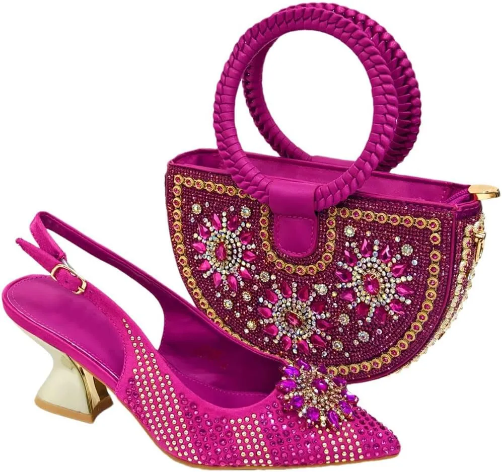 Women’S Evening Party Shoes and Bag Set Elegant Pointed Toe High Heels Slingbacks Pumps with Shoulder Bag