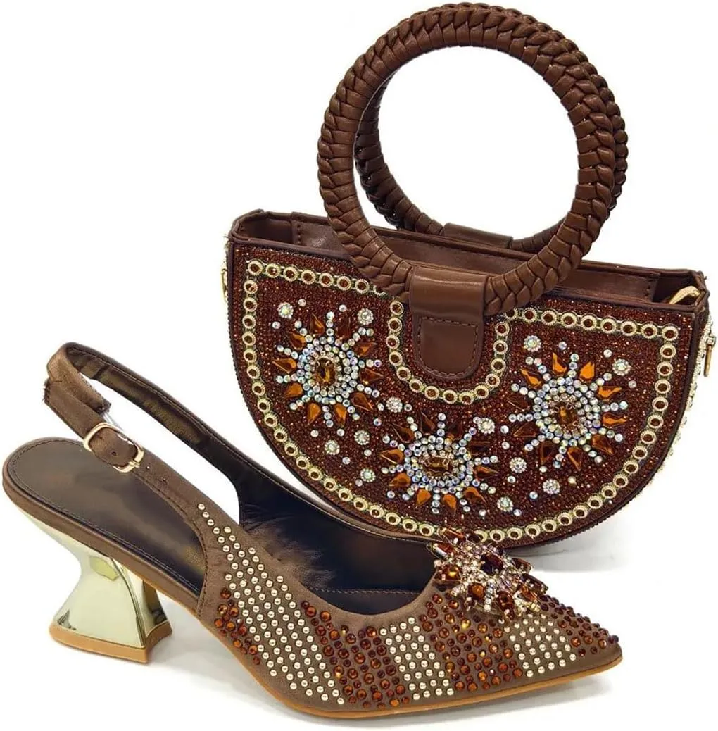 Women’S Evening Party Shoes and Bag Set Elegant Pointed Toe High Heels Slingbacks Pumps with Shoulder Bag