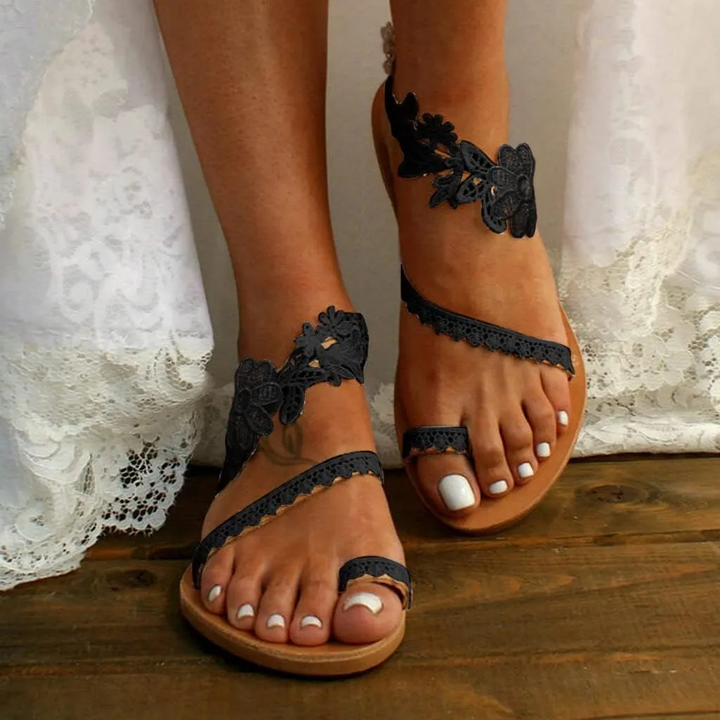 Women's Floral Lace Flat Sandals Clip Toe Strappy Flip Flops Summer Boho Casual Elegant Beach Wedding Dressy Sandals