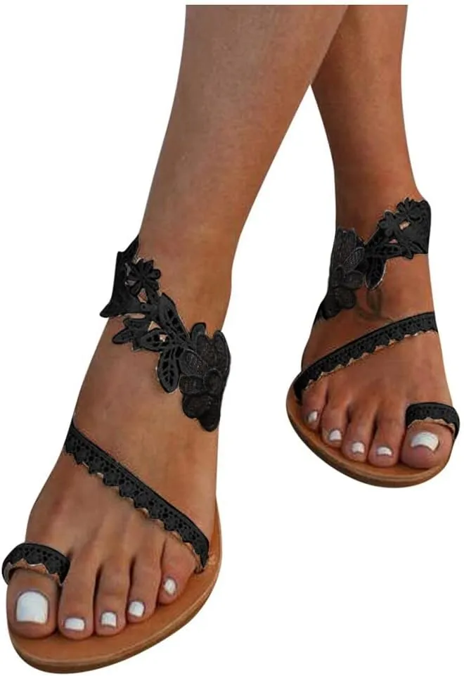 Women's Floral Lace Flat Sandals Clip Toe Strappy Flip Flops Summer Boho Casual Elegant Beach Wedding Dressy Sandals