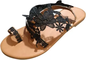 Women's Floral Lace Flat Sandals Clip Toe Strappy Flip Flops Summer Boho Casual Elegant Beach Wedding Dressy Sandals