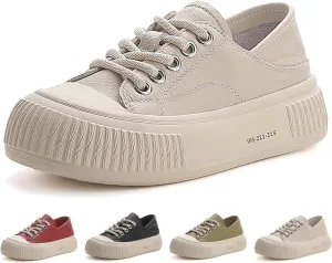 Women's Genuine Leather Lace Up Anti-Collision Platform Fashion Sneaker Retro Round Toe Low Top Soft Sole Heighten Walking Shoes Comfortable Casual Running Tennis Shoes