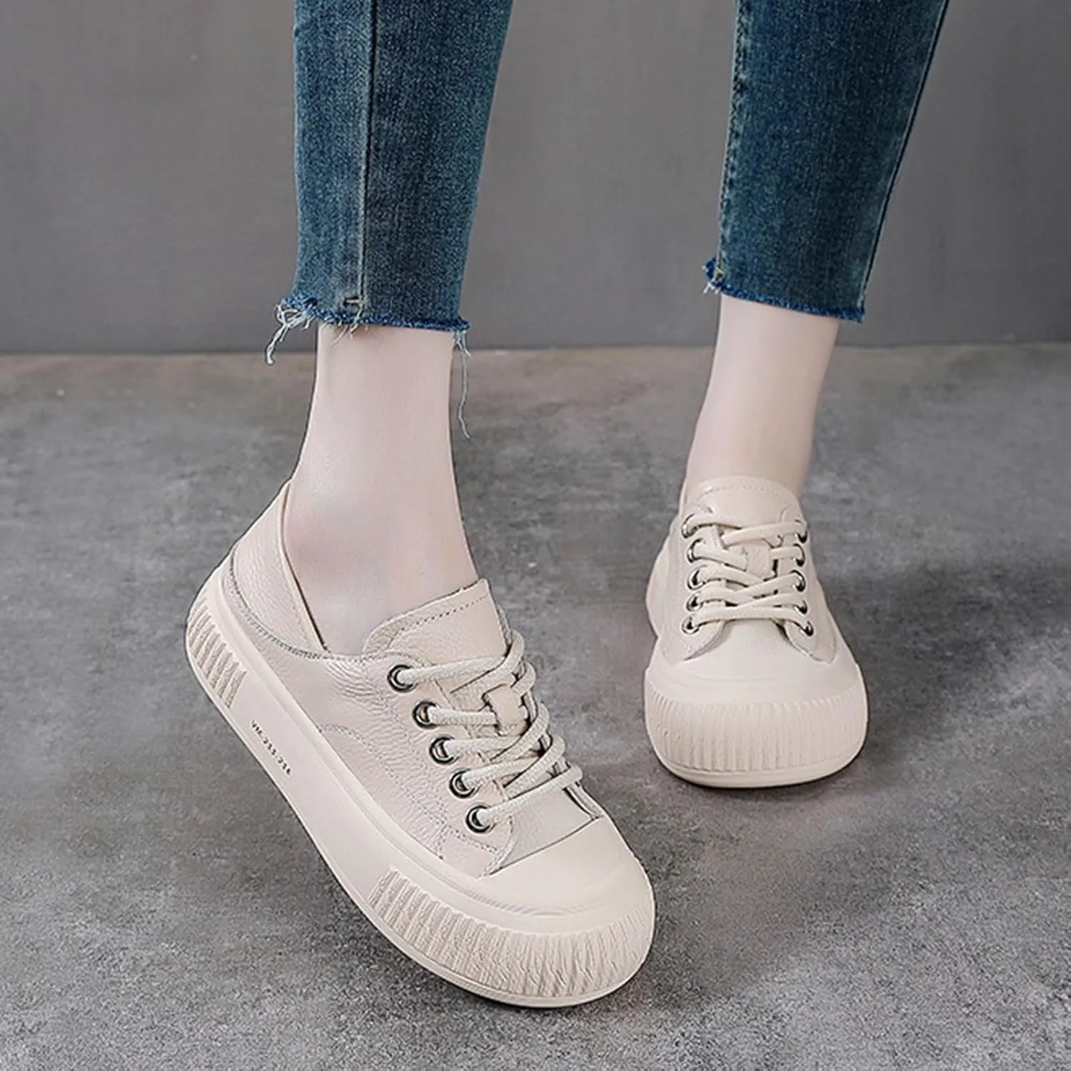 Women's Genuine Leather Lace Up Anti-Collision Platform Fashion Sneaker Retro Round Toe Low Top Soft Sole Heighten Walking Shoes Comfortable Casual Running Tennis Shoes