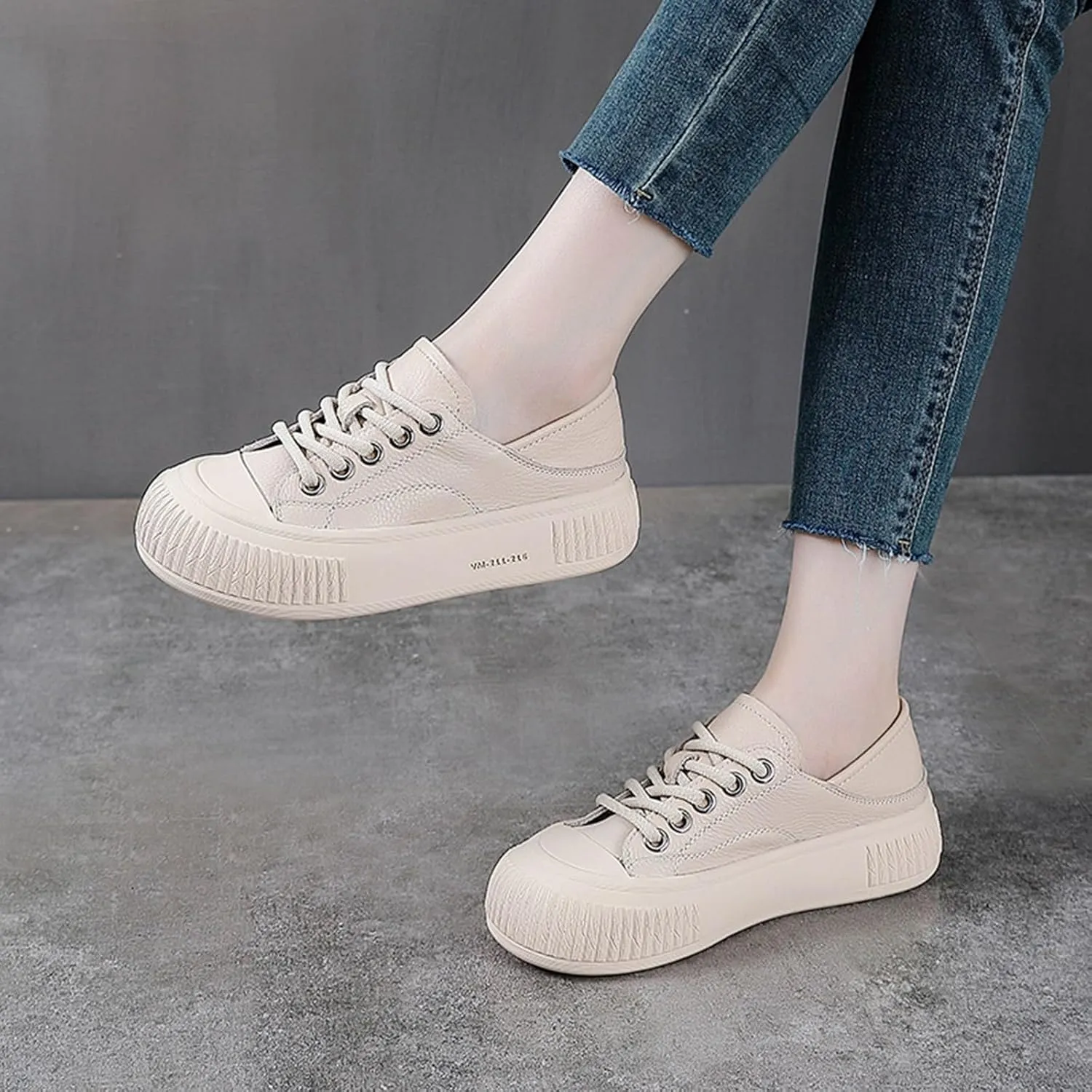 Women's Genuine Leather Lace Up Anti-Collision Platform Fashion Sneaker Retro Round Toe Low Top Soft Sole Heighten Walking Shoes Comfortable Casual Running Tennis Shoes