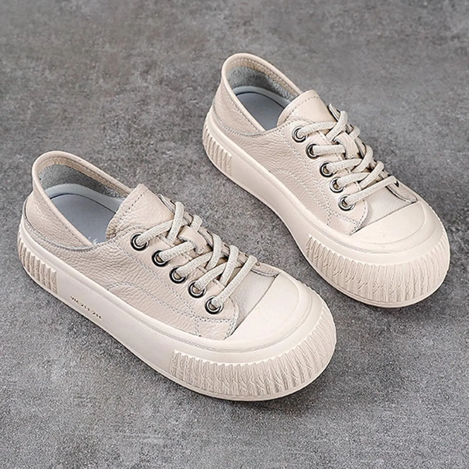 Women's Genuine Leather Lace Up Anti-Collision Platform Fashion Sneaker Retro Round Toe Low Top Soft Sole Heighten Walking Shoes Comfortable Casual Running Tennis Shoes