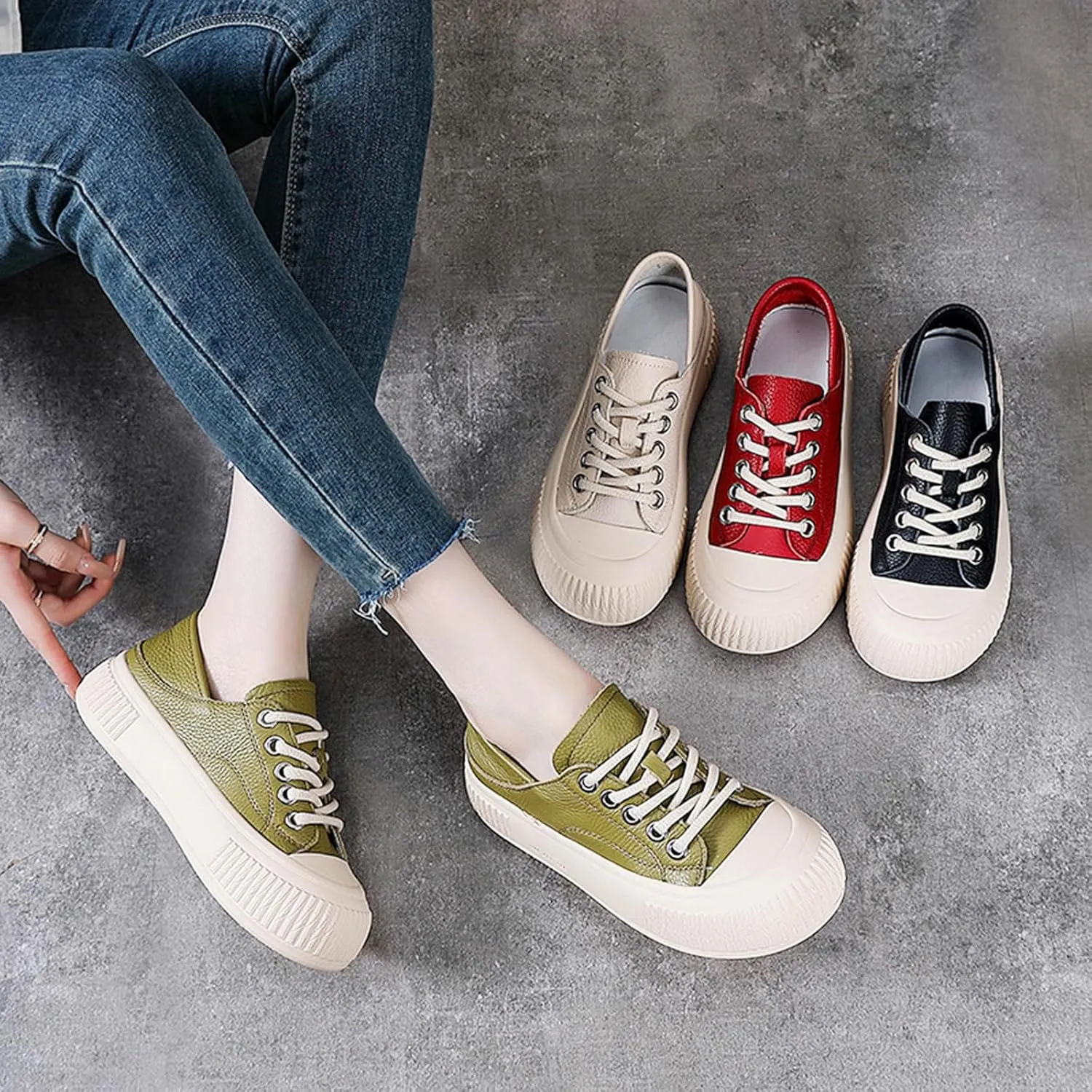 Women's Genuine Leather Lace Up Anti-Collision Platform Fashion Sneaker Retro Round Toe Low Top Soft Sole Heighten Walking Shoes Comfortable Casual Running Tennis Shoes