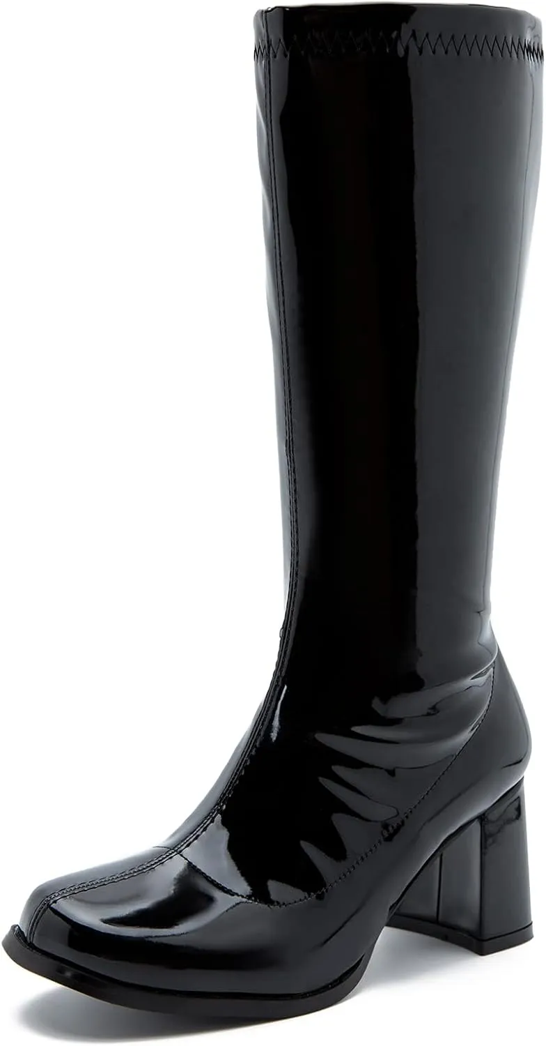 Women's Go-Go Boot Mid Calf Boots PU Leather Ladies Party Dance Shoes with Zipper Costume Boots