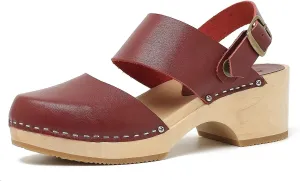 Women's Handmade Wooden Clog Mule 2.3" Open Back Leather Clogs Classic Ankle-Strap Clogs Mule for Long-Lasting Wear