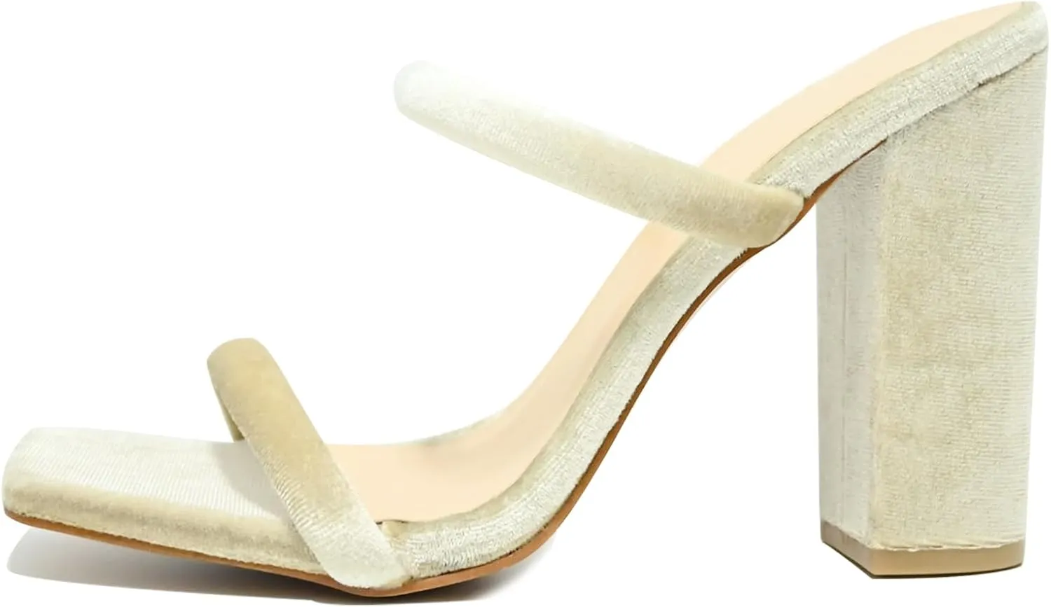 Women's Heeled Sandals Velvet Two Strap Chunky High Heels Square Open Toe Slip on Comfortable Heeled Sandals for Women Dressy