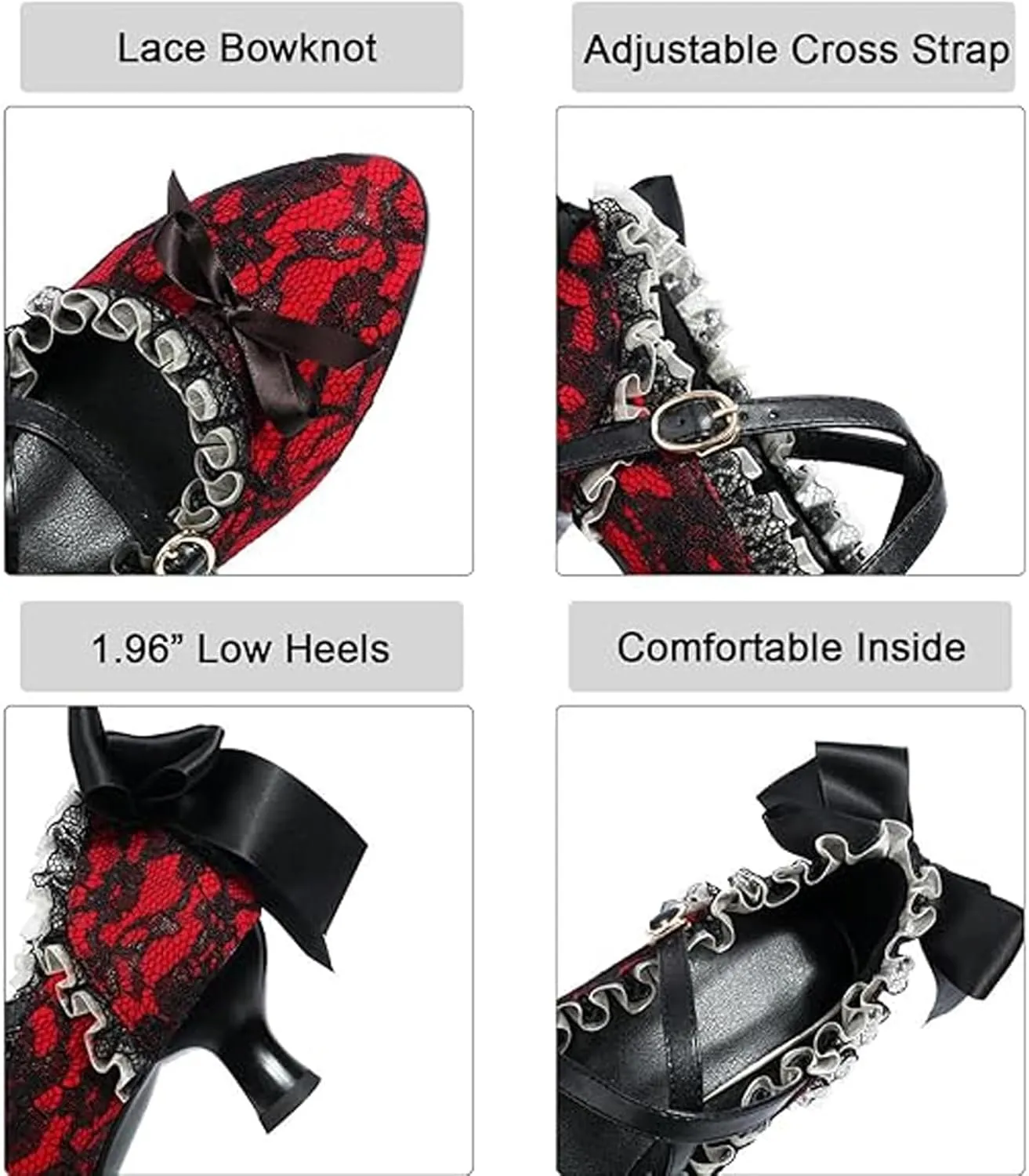 Womens Kitten Heel Lace Mary Janes Pumps Goth Bow Lace Flower Shoes Lolita Cosplay Shoes