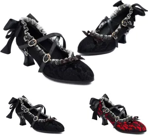 Womens Kitten Heel Lace Mary Janes Pumps Goth Bow Lace Flower Shoes Lolita Cosplay Shoes