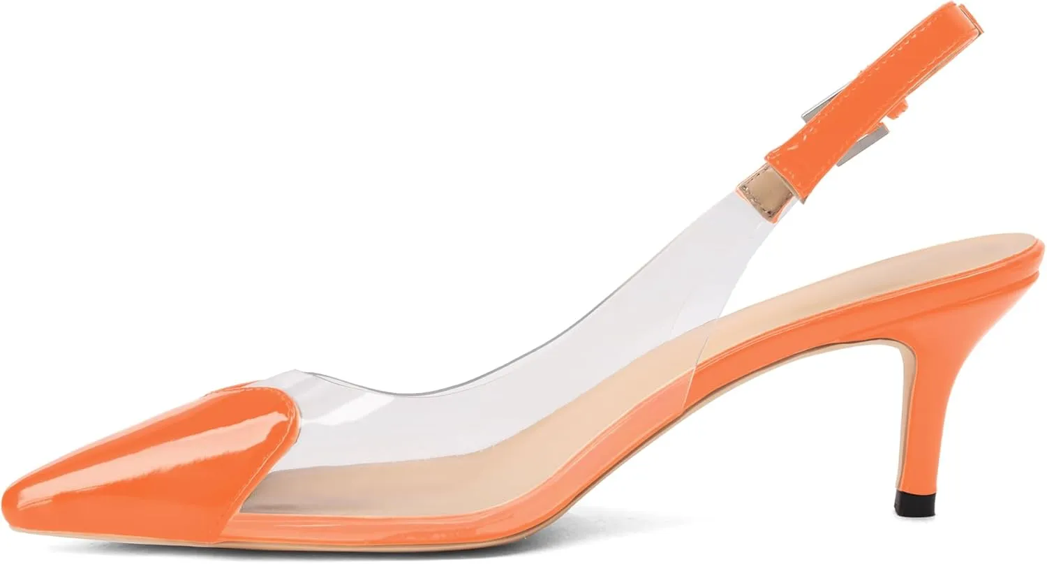 Women's Kitten Heel Transparent Slingback Pumps Pointed Toe Clear PVC Slip On Backless Cap Toe Cute Heart Mid Heel Patent Leather Elegant Sexy Slingbacks Heels
