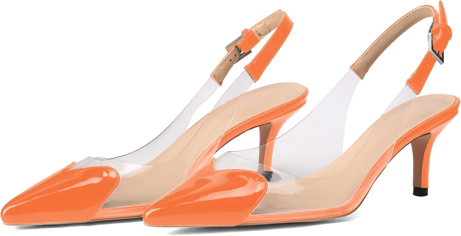Women's Kitten Heel Transparent Slingback Pumps Pointed Toe Clear PVC Slip On Backless Cap Toe Cute Heart Mid Heel Patent Leather Elegant Sexy Slingbacks Heels