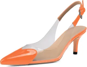 Women's Kitten Heel Transparent Slingback Pumps Pointed Toe Clear PVC Slip On Backless Cap Toe Cute Heart Mid Heel Patent Leather Elegant Sexy Slingbacks Heels