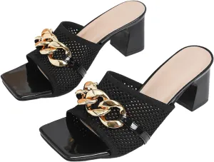 Women's Knit Open Toe Block Heel Mule Slides Fashion Square Toe Chain Slip On Mid Block Heel Sandals for Beach Parties