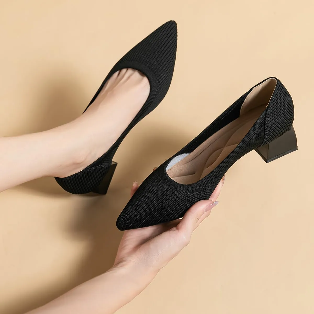Women's Knit Pumps Block Heel Slip On Sweater Pointed Toe Low Heel Knitted Pumps