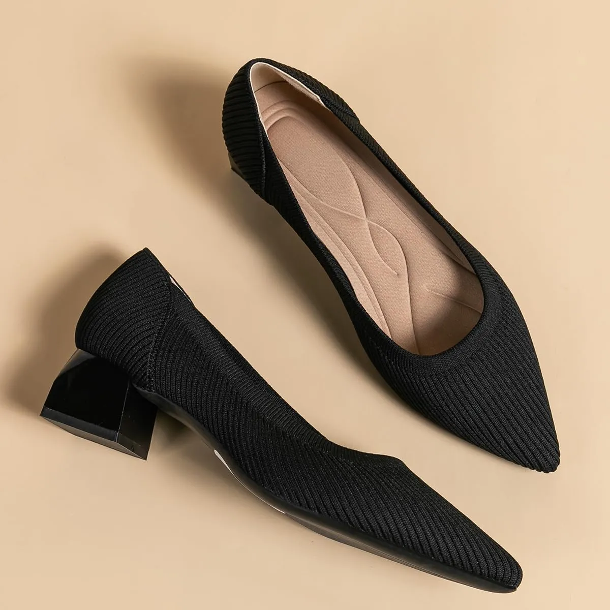Women's Knit Pumps Block Heel Slip On Sweater Pointed Toe Low Heel Knitted Pumps