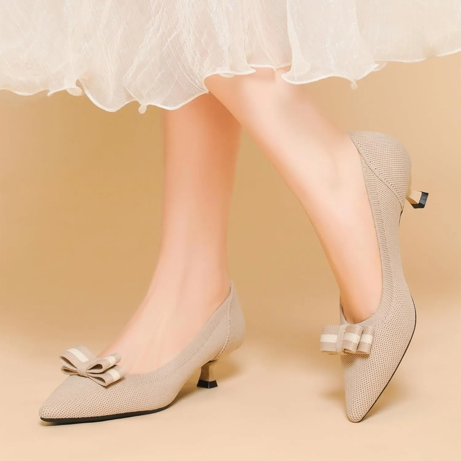 Women's Knitted Kitten Low Heels with Bow Pointed Closed Toe Slip On Comfort Pumps Casual Work Office Dress Shoes