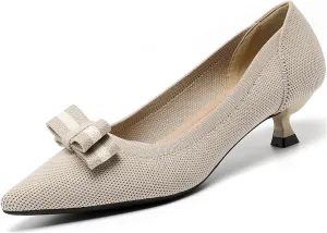 Women's Knitted Kitten Low Heels with Bow Pointed Closed Toe Slip On Comfort Pumps Casual Work Office Dress Shoes