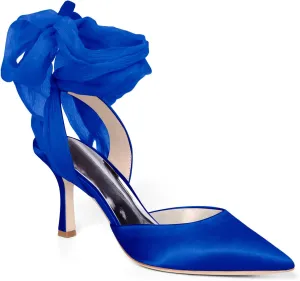 Womens Lace up Satin Heels Bow Pointed Closed Toe Bridal Dress Shoes Low Heel Wedding Elegant Pumps