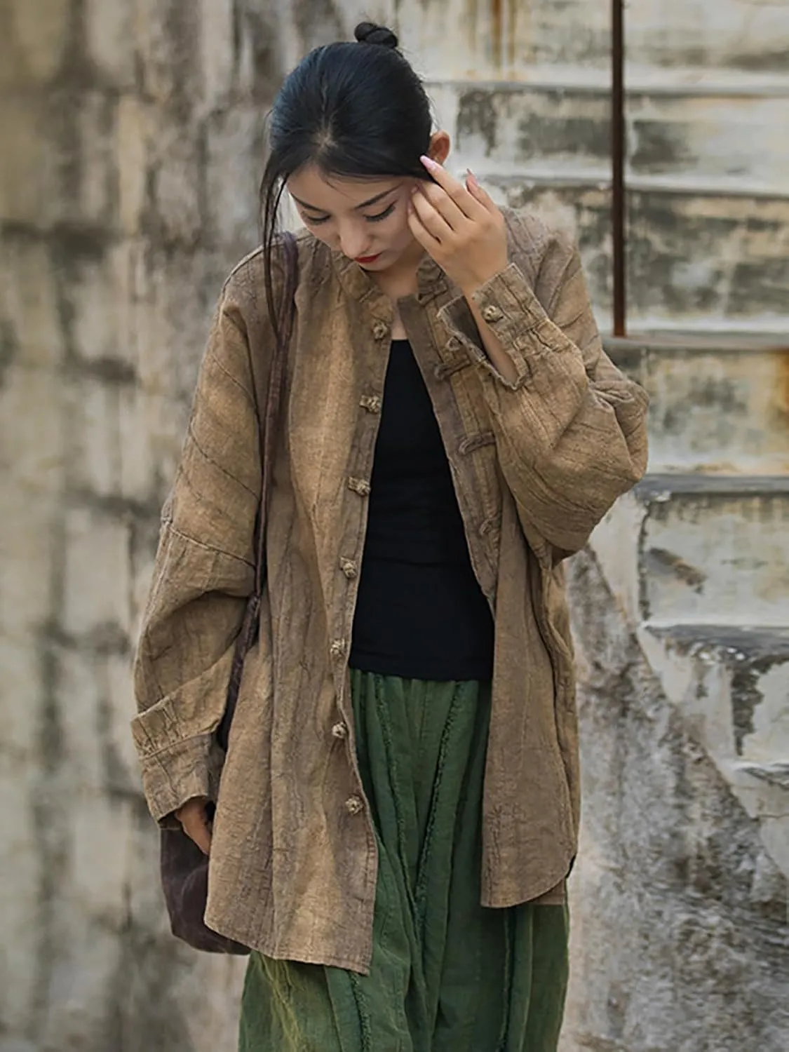 Women's Linen Shirts Oversized Blouses Kimono Vintage Long Sleeve Jackets Loose fit Chinese Frog Button Cape Trench Tops