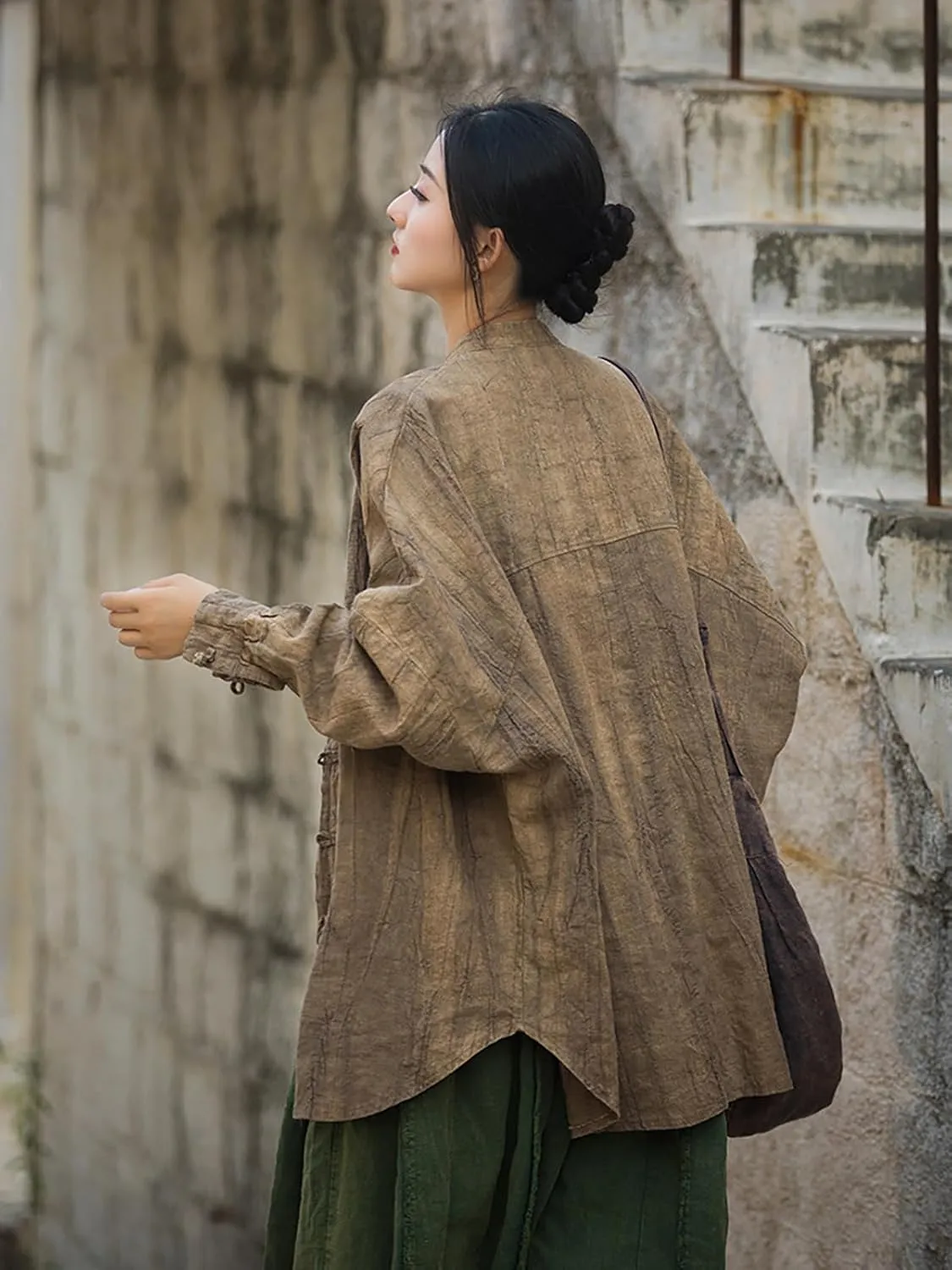 Women's Linen Shirts Oversized Blouses Kimono Vintage Long Sleeve Jackets Loose fit Chinese Frog Button Cape Trench Tops