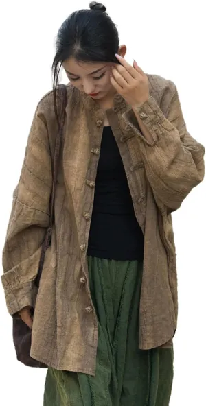 Women's Linen Shirts Oversized Blouses Kimono Vintage Long Sleeve Jackets Loose fit Chinese Frog Button Cape Trench Tops