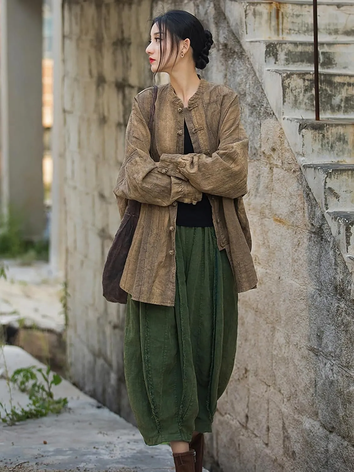 Women's Linen Shirts Oversized Blouses Kimono Vintage Long Sleeve Jackets Loose fit Chinese Frog Button Cape Trench Tops