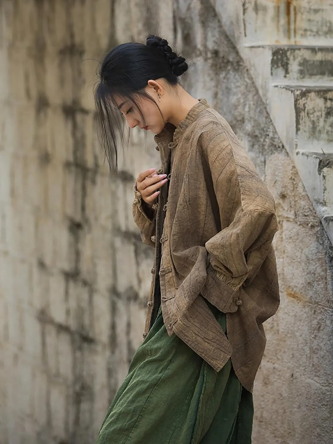Women's Linen Shirts Oversized Blouses Kimono Vintage Long Sleeve Jackets Loose fit Chinese Frog Button Cape Trench Tops