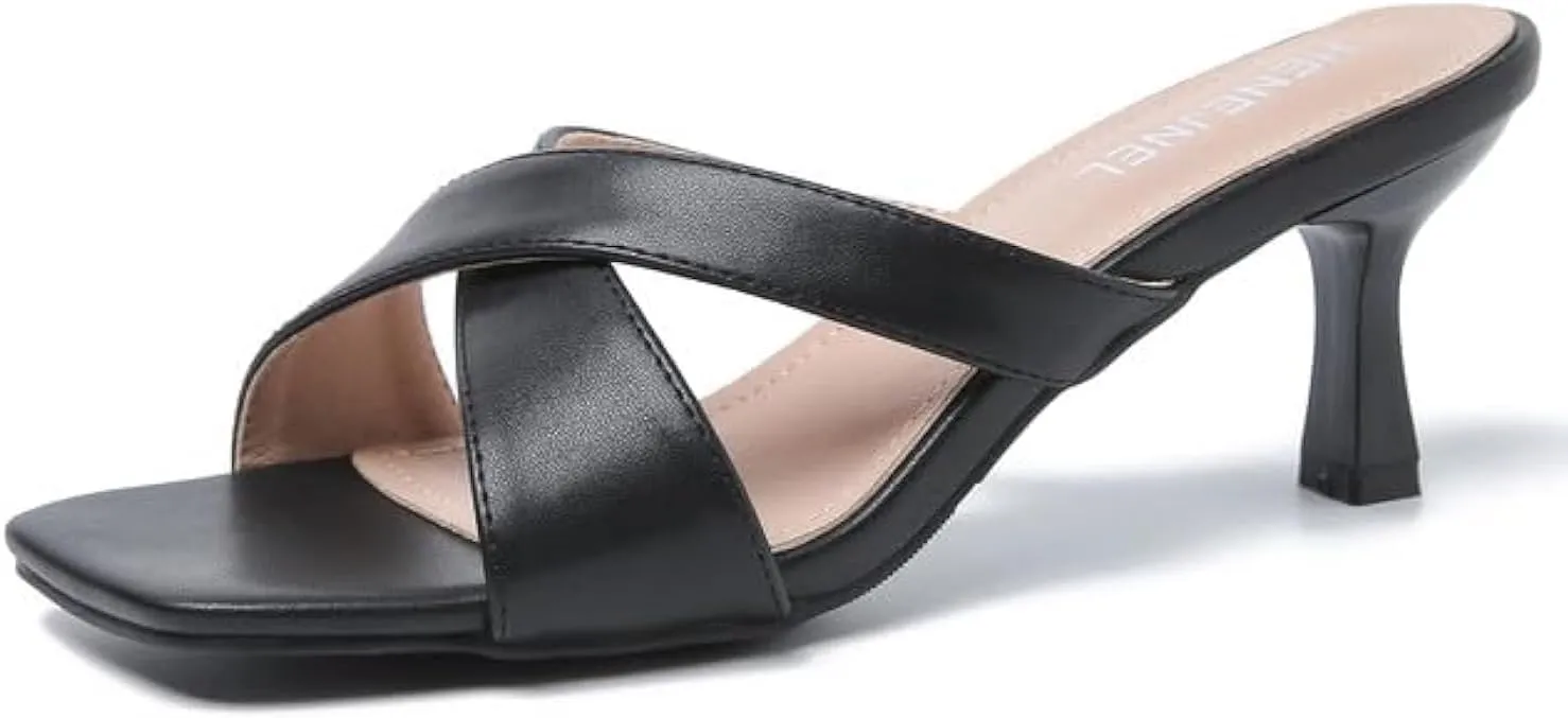 Womens Low Kitten Heel Mule Sandals Square Open Toe Cross Strap Slip on Slide Slippers Summer Wedding Evening Party Dress Shoes