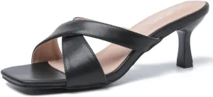 Womens Low Kitten Heel Mule Sandals Square Open Toe Cross Strap Slip on Slide Slippers Summer Wedding Evening Party Dress Shoes