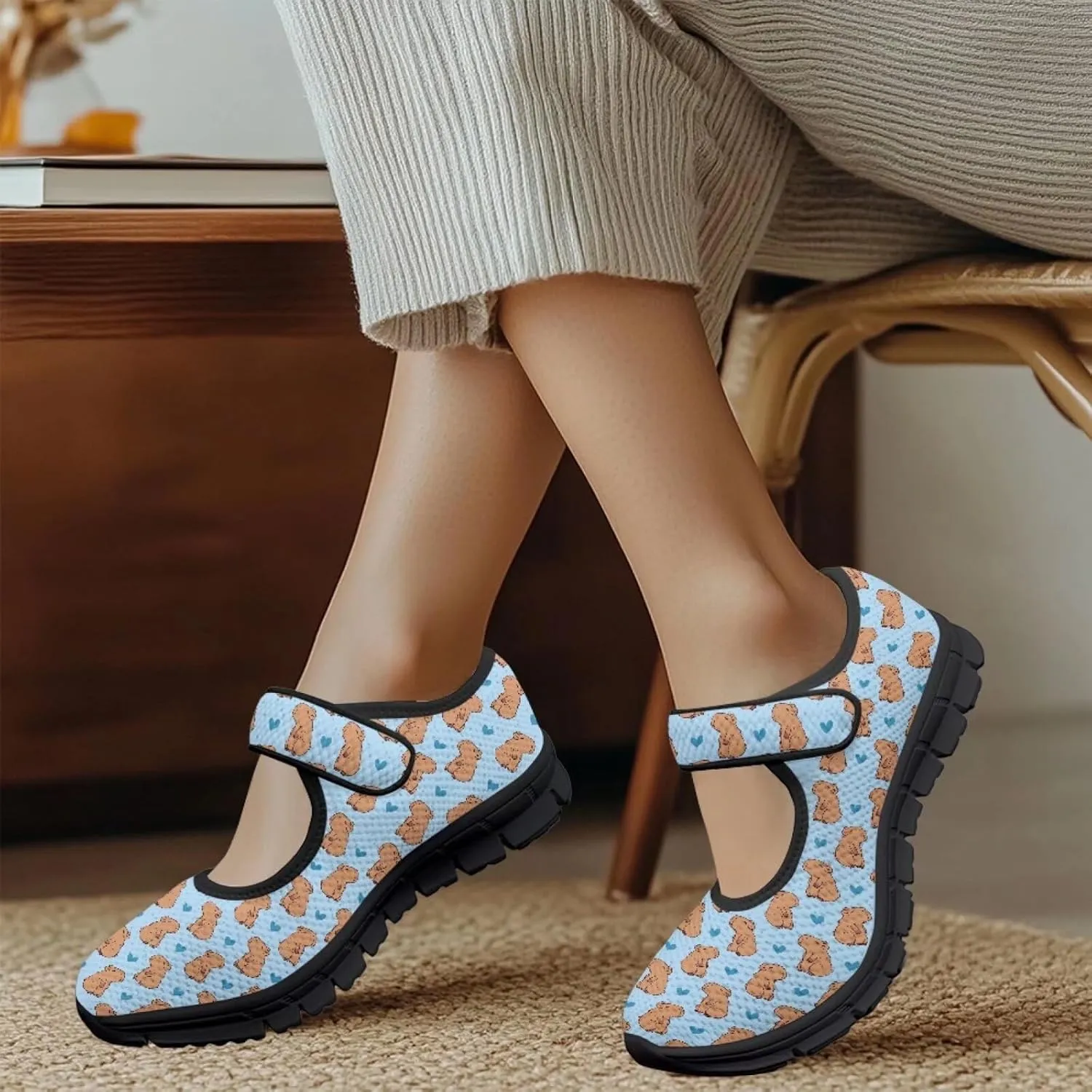 Women's Mary Jane Sneakers Breathable Walking Shoes Fashion Adjustable Working Shoes Lightweight Flat Shoes