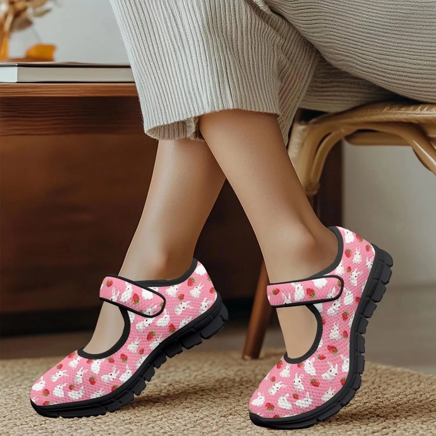 Women's Mary Jane Sneakers Breathable Walking Shoes Fashion Adjustable Working Shoes Lightweight Flat Shoes