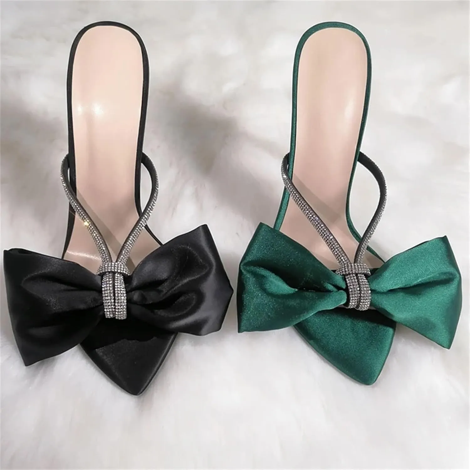Women's Mules Sandals Crystal Butterfly-Knot - Slip On Thin High Heels, Elegant Party