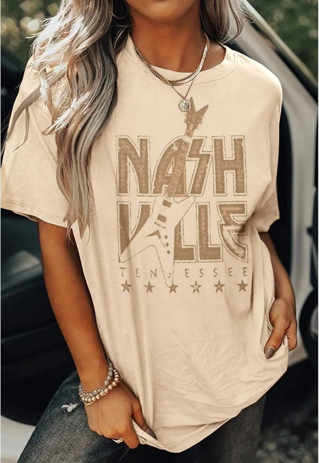 Women’s Nashville Tennessee Oversized T Shirt Bass Guitar Graphic Tee Country Concert Vintage Bleached Loose Tops