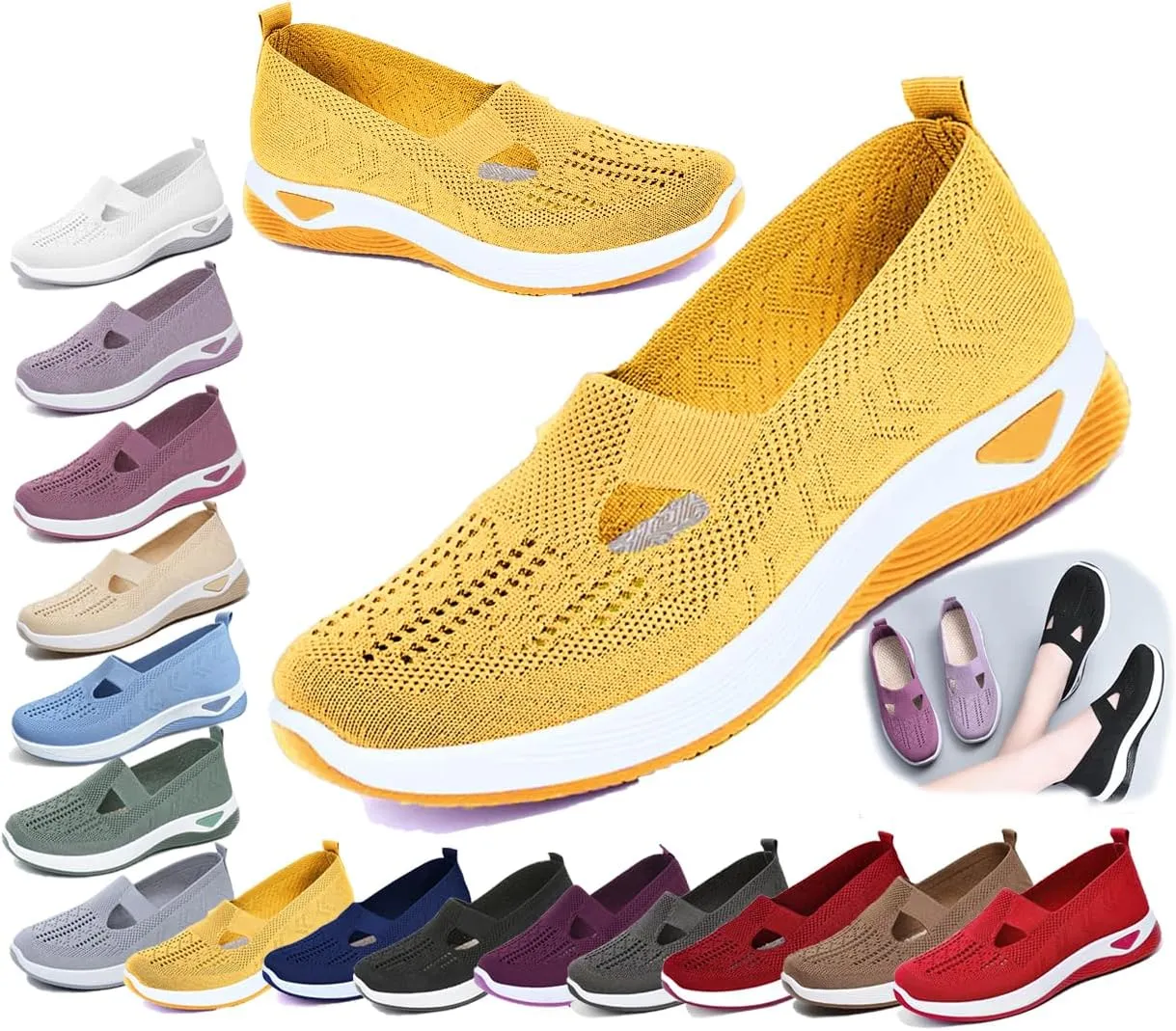 Women's Orthopedic Slip-On Shoes, Breathable Woven Comfort Sneakers with Arch Support, Soft Foam Sole for Walking, Non-Slip Casual Summer Shoes for