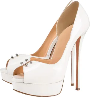 Women's Platform Peep Toe Pumps, White Black Stiletto Wedding Party Heels