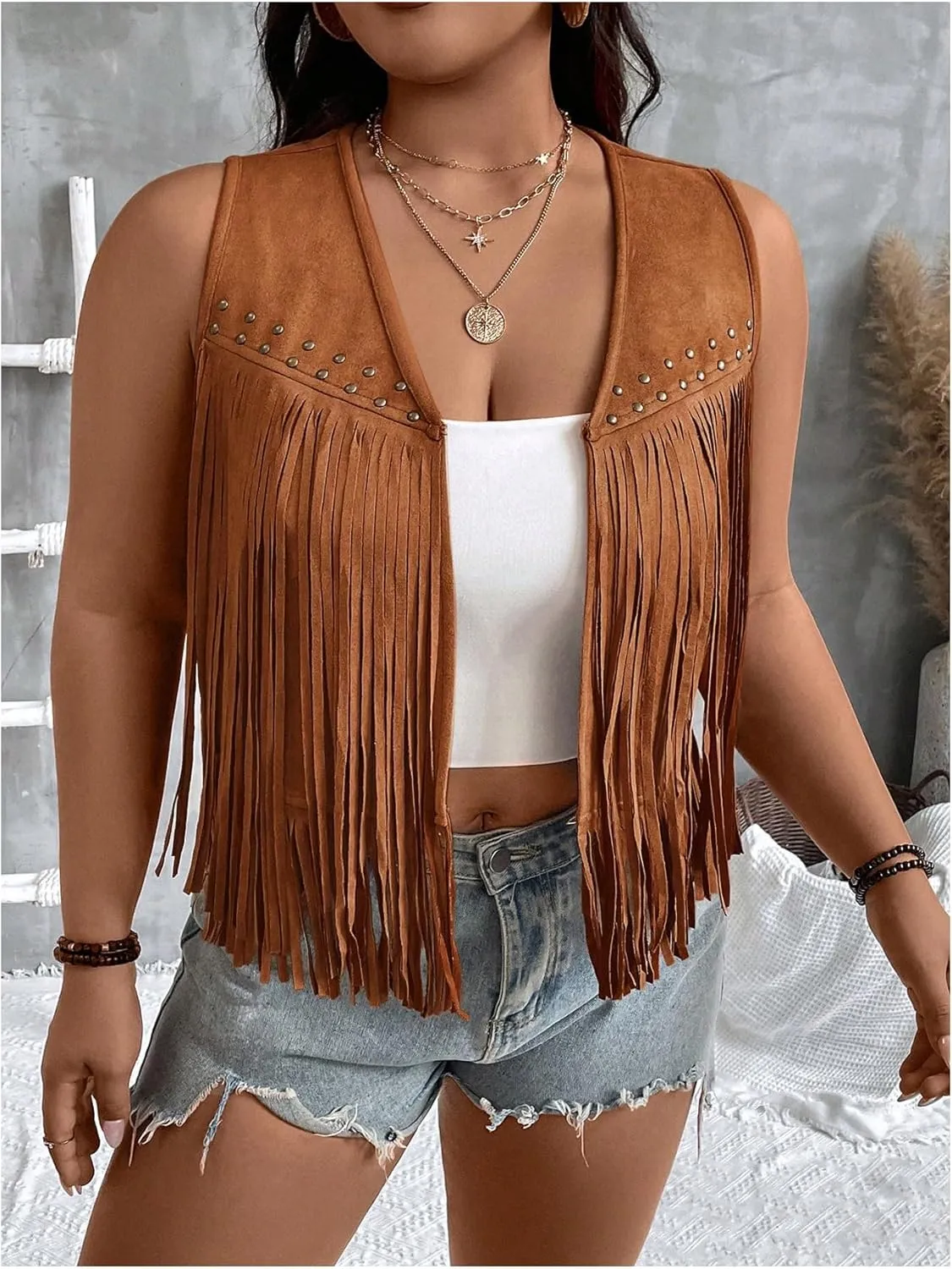 Women's Plus Size Faux Suede Fringe Crop Jacket Vintage Studded Detail Open Front Sleeveless Vest