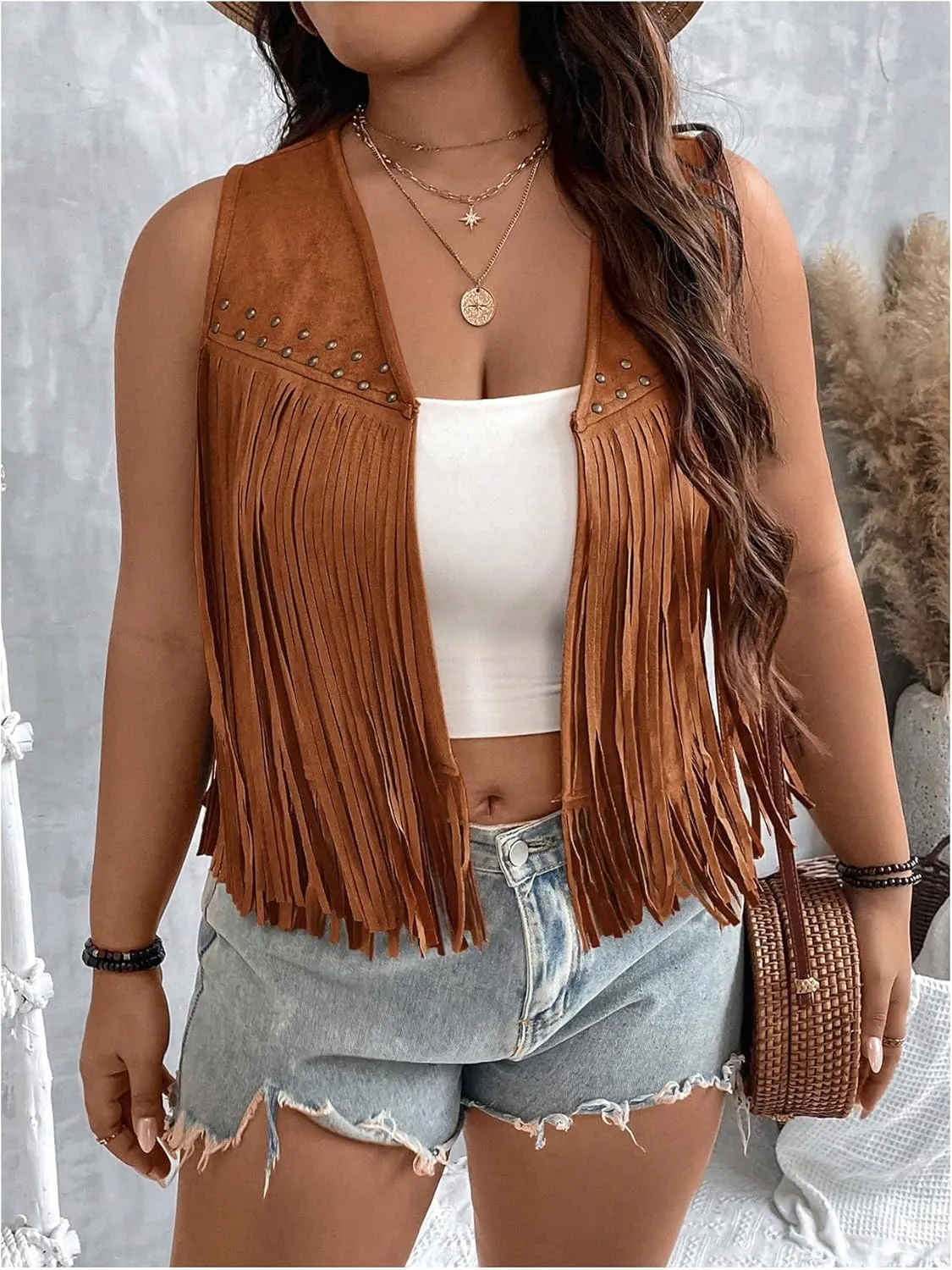 Women's Plus Size Faux Suede Fringe Crop Jacket Vintage Studded Detail Open Front Sleeveless Vest