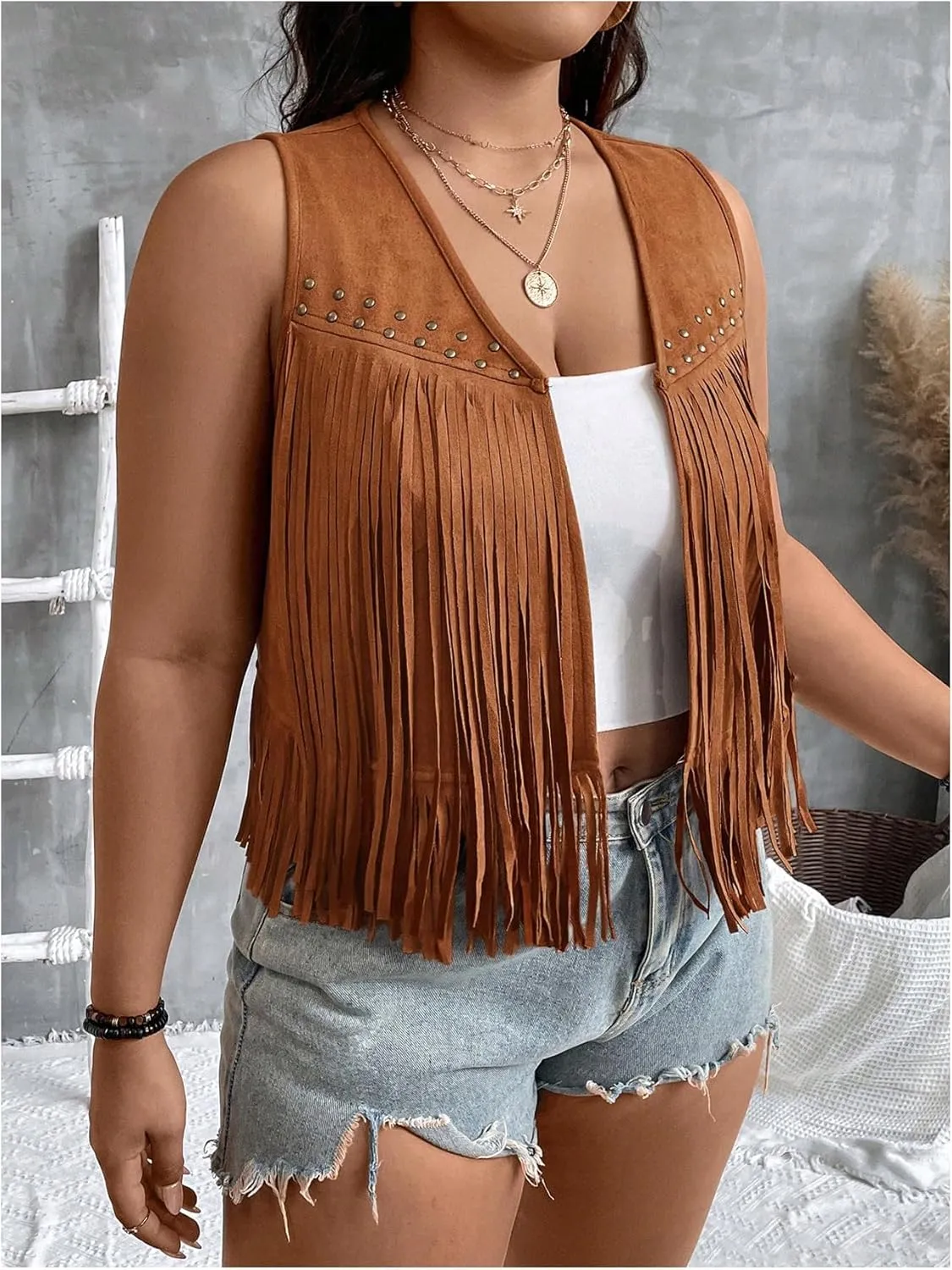 Women's Plus Size Faux Suede Fringe Crop Jacket Vintage Studded Detail Open Front Sleeveless Vest