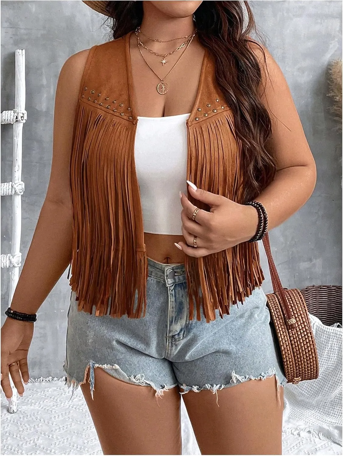 Women's Plus Size Faux Suede Fringe Crop Jacket Vintage Studded Detail Open Front Sleeveless Vest