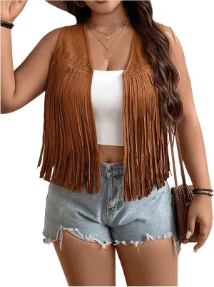 Women's Plus Size Faux Suede Fringe Crop Jacket Vintage Studded Detail Open Front Sleeveless Vest