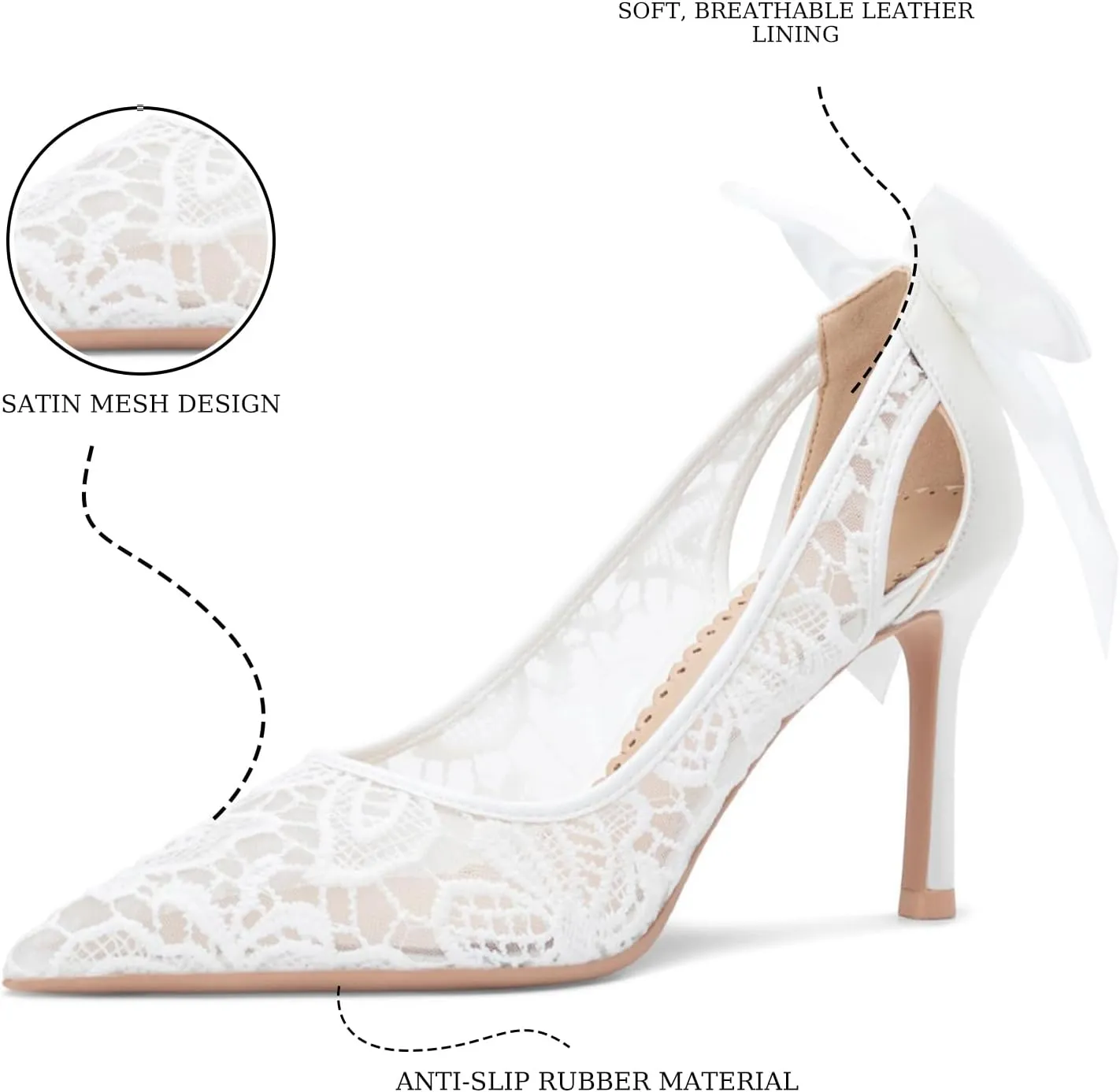 Women's Pointed Mesh Lace Stilettos Sexy Pumps with Bows Elegant Slip-On Kitten Heels Closed Toe Hollow Wedding Dress High Heels Suitable for Work Parties
