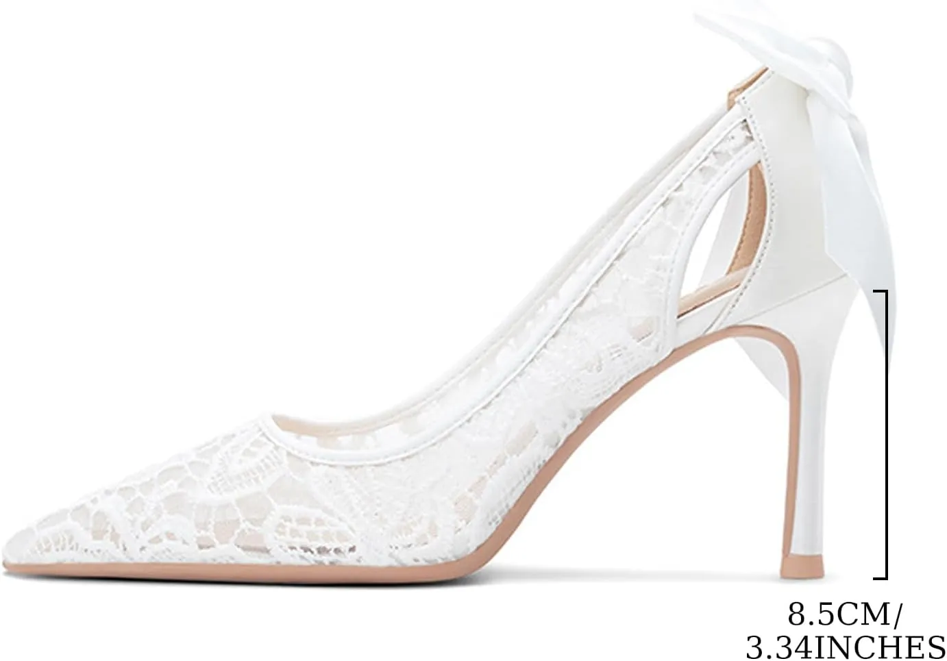 Women's Pointed Mesh Lace Stilettos Sexy Pumps with Bows Elegant Slip-On Kitten Heels Closed Toe Hollow Wedding Dress High Heels Suitable for Work Parties