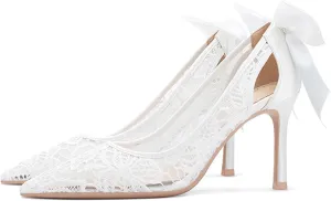 Women's Pointed Mesh Lace Stilettos Sexy Pumps with Bows Elegant Slip-On Kitten Heels Closed Toe Hollow Wedding Dress High Heels Suitable for Work Parties